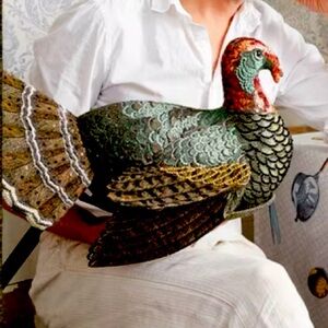 John Derian 16"x15" Beaded Turkey Plush Pillow Thanksgiving Decor NWT